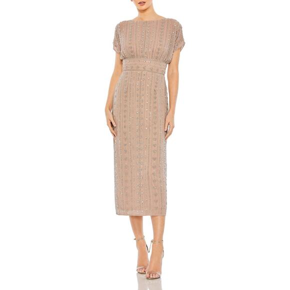 Mac Duggal Beaded Empire Waist Column Cocktail Mocha Midi Dress 16 New - Picture 1 of 8
